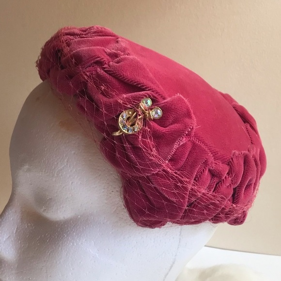 Vintage 50s Hot Pink Velvet Hat Crystal Detail main image 6